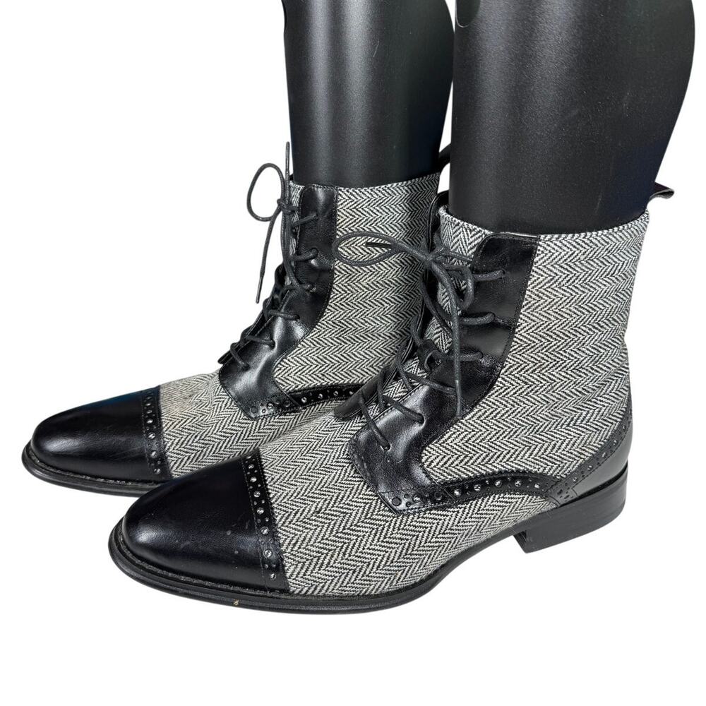GIOVANNI Boots Black Leather Grey Herringbone Tweed Cloth Panel Cap Toe Lace Up